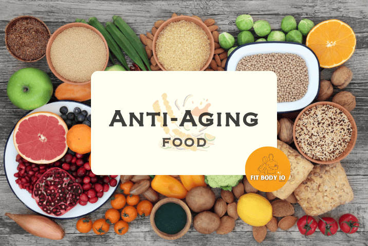 "An assortment of colorful and fresh anti-aging foods, including berries, leafy greens, avocado, and dark chocolate, symbolizing the power of nutrition in defying the effects of aging.