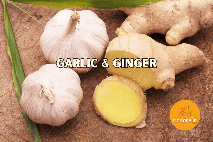 Close-up of a plump garlic bulbs on the left, each clove wrapped in papery white sheaths, and a knotted ginger root on the right with a beige exterior, showcasing their culinary and health potential.