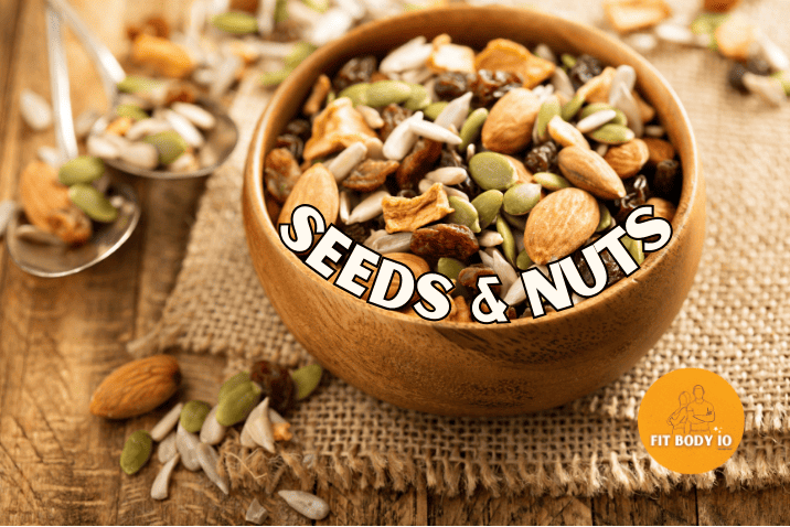 A wooden bowl filled with a diverse selection of seeds and nuts, including pumpkin seeds, chia seeds, almonds, and cashews, bathed in soft sunlight, representing a wholesome and nutritious choice for health-conscious individuals.